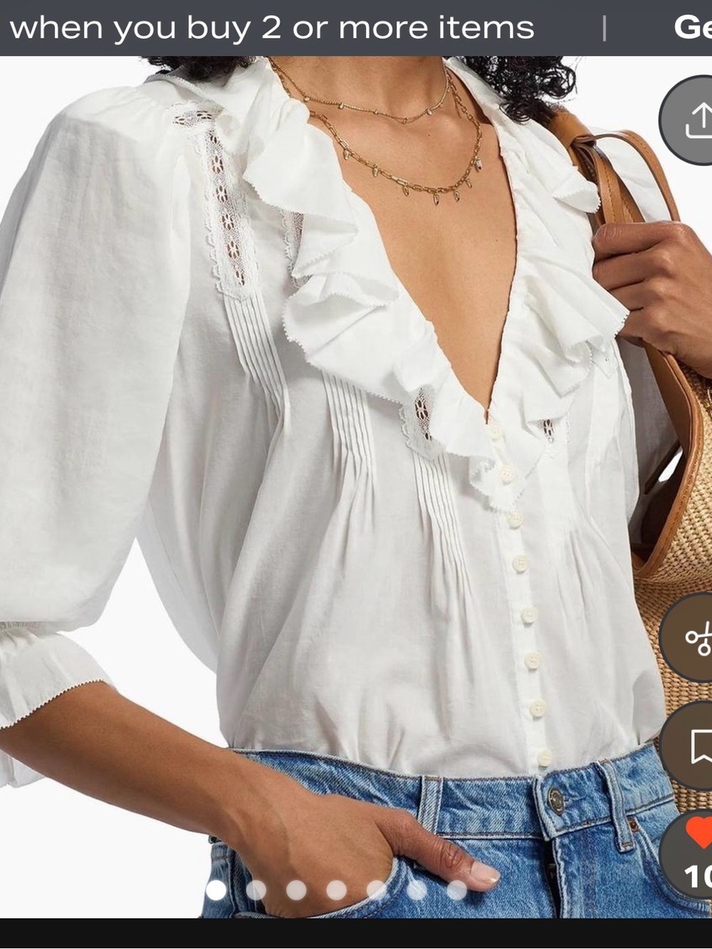 Reformation White Ruffle V-Neck Button Front Blouse